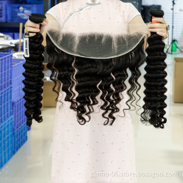 Annione Loose Deep Hair Bundles With Transparent Lace Frontal Brazilian Human Hair Weave Bundles Vendor 2 3 Bundles With Frontal